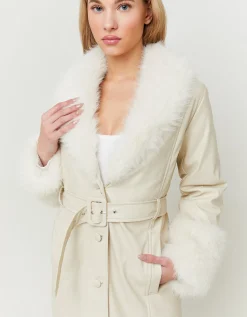 Cappotto Trench Bianco in Finta Pelle con Dettagli in Finta Pelliccia^Tally Weijl Cheap