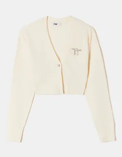 Cardigan Corto Bianco con Spilla Fiocco in Strass^Tally Weijl Hot