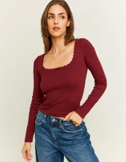 Maglietta Basica Bordeaux con Dettagli in Pizzo^Tally Weijl Online