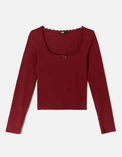 Maglietta Basica Bordeaux con Dettagli in Pizzo^Tally Weijl Online