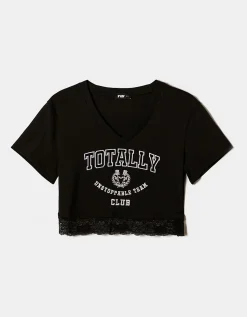 T-shirt Fantasia Varsity Nera con Dettaglio in Pizzo^Tally Weijl Cheap