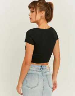 T-shirt Pointelle Basica Nera con Fiocchetto^Tally Weijl Store